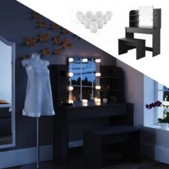 Coiffeuse Charlotte Noir, Banc & LED -Reflet Maison 0ffac058883645ddbf5f010459890144