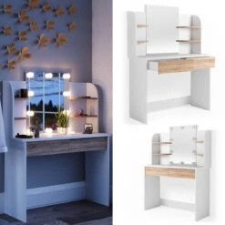 Coiffeuse Charlotte Blanc/sonoma & LED -Reflet Maison 7b4864c0d58043169a273c573e682113