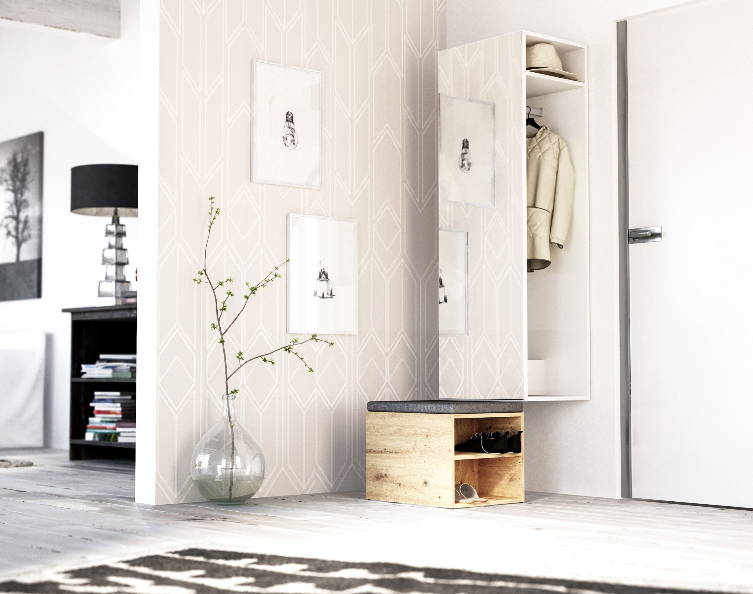 Reflet Maison -Reflet Maison ensemble d entree design smart meuble a chaussure et penderie avec miroir coloris blanc mat min scaled